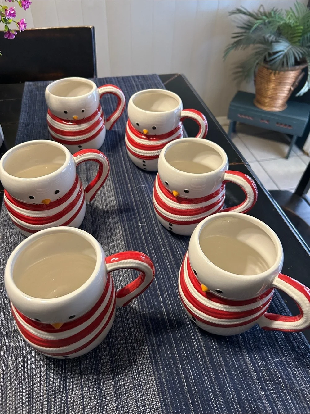 6 piece Red and White Striped Snowman Ceramic Mug - Festive Holiday Set